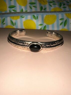 Sterling-Style Silver Cuff Bracelet with Black Stone Accent